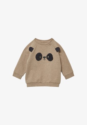 Beige peuter sweatshirt met panda-gezicht ontwerp, voorzien van zwarte donzige oogpatches, neus, mond en twee zwarte stoffen oren op de schouders.