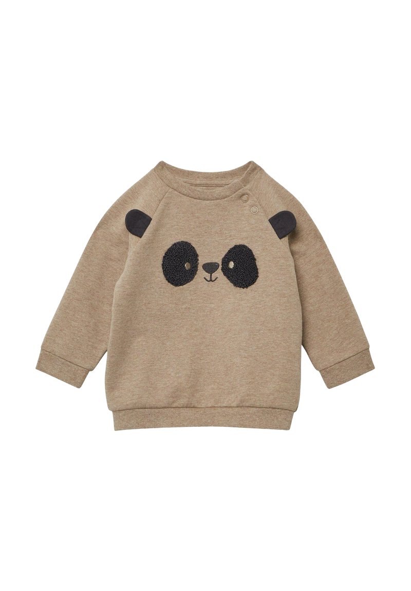 Beige Sweatshirt für Kleinkinder mit Panda-Gesicht-Design, das schwarze, flauschige Augenschalen, eine Nase, einen Mund und zwei schwarze Stoffohren auf den Schultern zeigt.