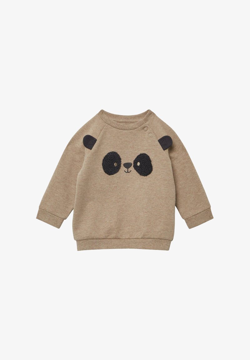 Felpa beige per bambini con design di faccia di panda caratterizzato da toppe nere e pelose per gli occhi, naso, bocca e due orecchie di stoffa nere sulle spalle.