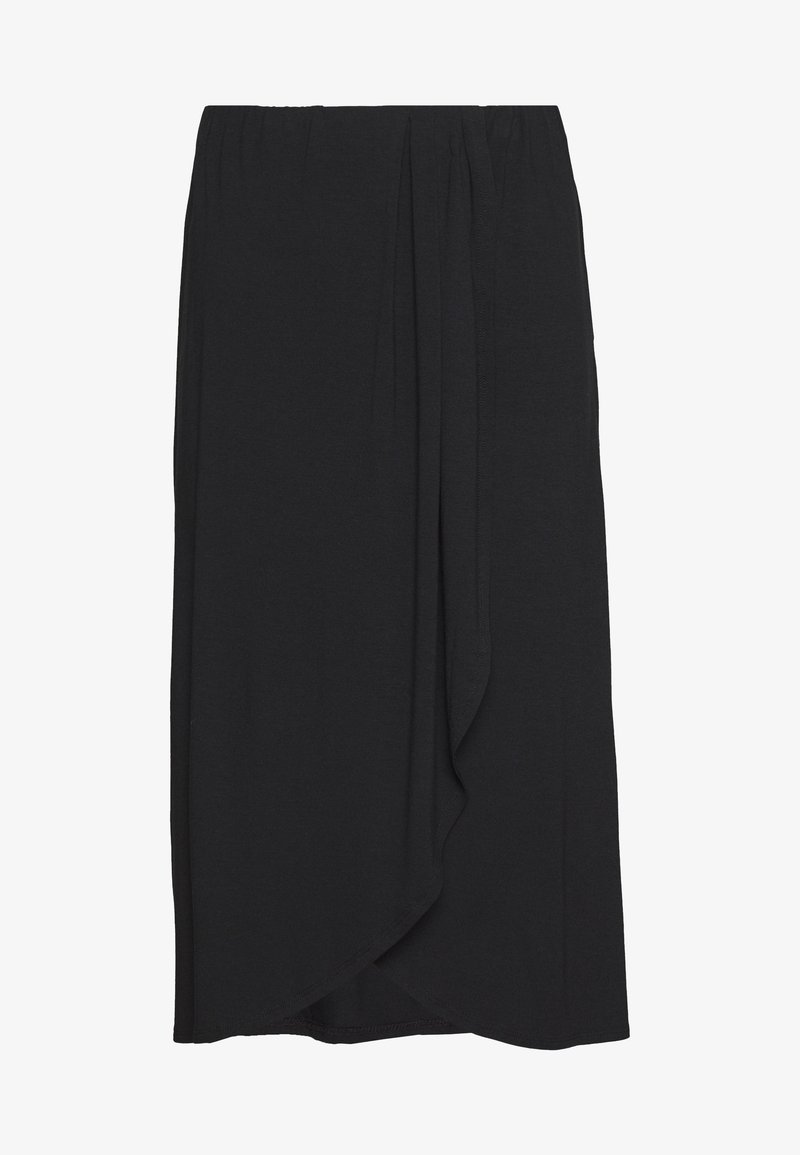 Jupe midi noire avec une taille élastiquée et un détail asymétrique à l'avant en forme de cache-cœur.