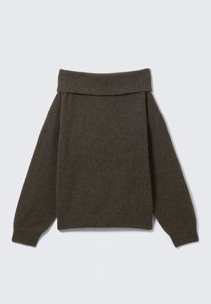 Brown off-shoulder sweater made of soft fabric. Features long sleeves and a loose fit. Texture appears smooth and slightly stretchy.
