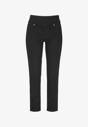 Schwarze, enganliegende Jeans mit einem breiten, elastischen Bund, geradem Bein und zwei Vordertaschen. Hergestellt aus dehnbarem Denim-Material.