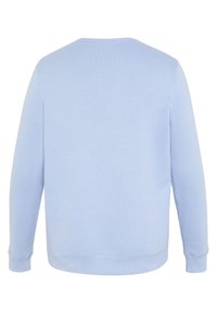 Světle modrá mikina, kulatý výstřih, dlouhé rukávy, jemná textura, žebrované manžety a lem, jednoduchý design, bez viditelných vzorů nebo log.