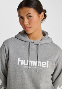 Jong persoon met donker haar in een paardenstaart, draagt een grijze hummel hoodie met wit logo en koordjes tegen een effen lichte achtergrond.