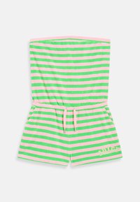 Strapless, green and pink striped romper in soft terry material. Features an elastic waist with drawstring and "JUICY" text detail on the side.