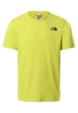 T-shirt jaune vif à manches courtes et col rond avec le logo The North Face en noir sur le haut gauche de la poitrine.