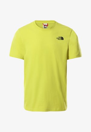 T-shirt jaune vif à manches courtes et col rond avec le logo The North Face en noir sur le haut gauche de la poitrine.