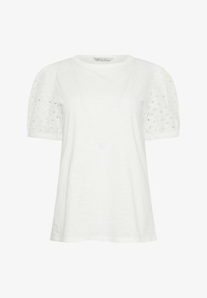 Witte top met korte mouwen, ooglet kant opgeblazen mouwen en een ronde halslijn, effen stoffen lijfje en een losse pasvorm.