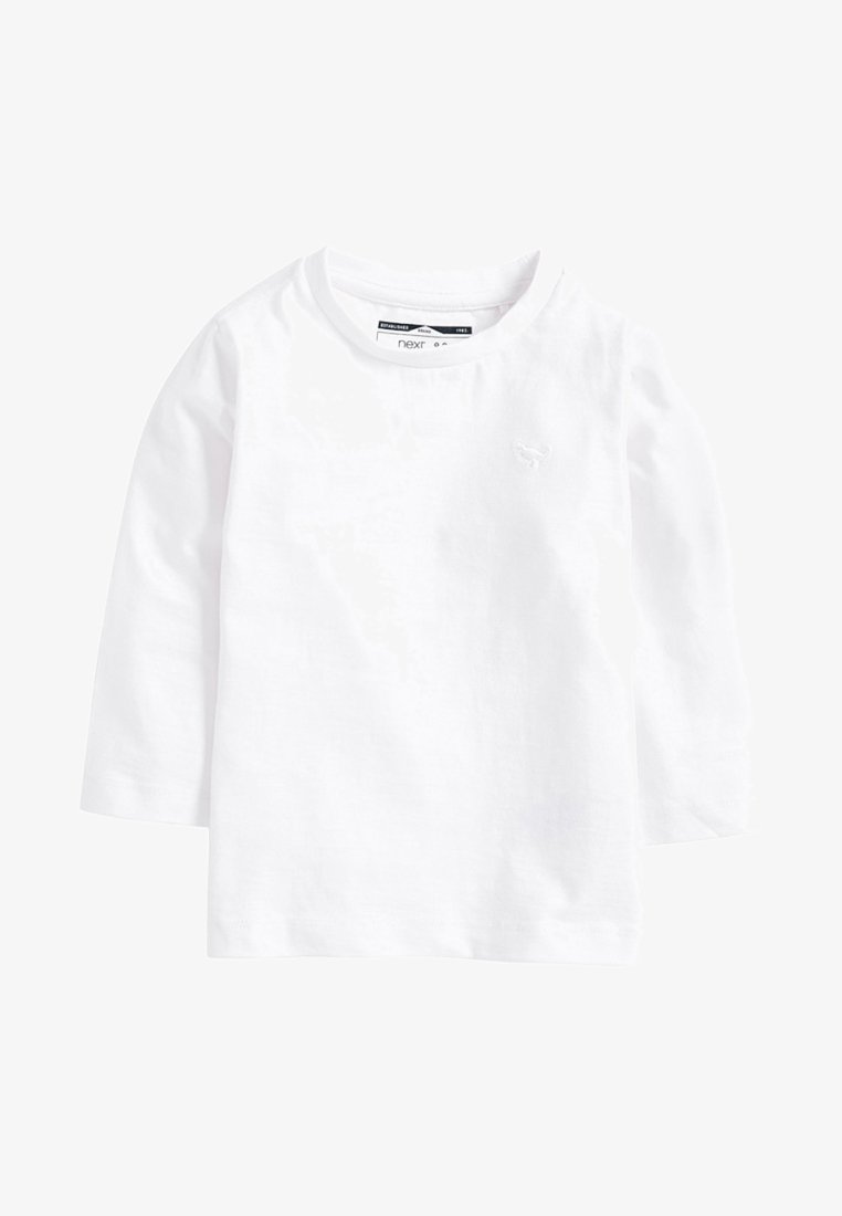 Långärmad vit bomullsskjorta med rund halsringning och en liten, broderad logotyp på bröstet. Mjuk textur och enkelt design.