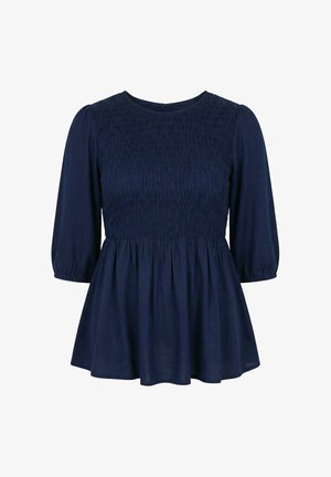 Marineblauwe blouse met geplooide lijf, ronde halslijn, driekwart pofmouwen en een uitlopende peplumzoom.