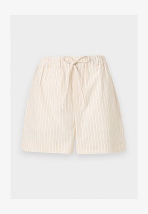 Short beige clair à fines rayures verticales et taille élastique nouée devant en un nœud, présenté sur fond blanc.