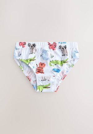 Culottes en coton blanc ornées d'imprimés d'animaux colorés, incluant un lion, un crocodile et un koala. Taille élastique, texture douce et design ludique.