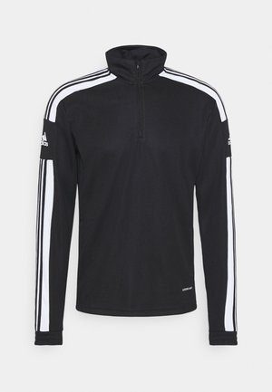 Black long-sleeve Adidas sports top with half zip, white stripes on sleeves and shoulders, and logo on sleeves and lower front hem.