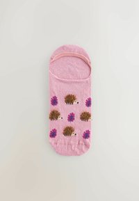Pink ankle sock with hedgehog and plant patterns, featuring brown hedgehogs and purple foliage accents, crafted from soft fabric.