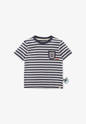 T-shirt per bambino piccolo, a maniche corte, a righe blu navy e bianche, con scollo rotondo, taschino sul petto e piccolo charm a forma di balena sulla cucitura laterale.