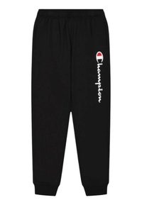 Pantaloni della tuta neri realizzati in morbido tessuto, caratterizzati da un logo bianco "Champion" e un accento rosso vicino all'anca. Vita elastica e caviglie con risvolto.