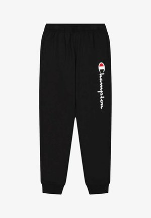 Pantaloni della tuta neri realizzati in morbido tessuto, caratterizzati da un logo bianco "Champion" e un accento rosso vicino all'anca. Vita elastica e caviglie con risvolto.