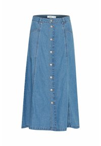 Denim A-linje kjol i ljusblått med hög midja, knappslutning fram och två sidofickor. Har subtila sömmar och en midilängd.