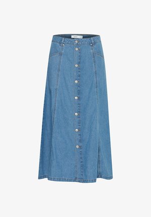 Gonna in denim a forma di A di colore azzurro chiaro con vita alta, chiusura frontale a bottoni e due tasche laterali. Presenta cuciture discrete e un design di media lunghezza.