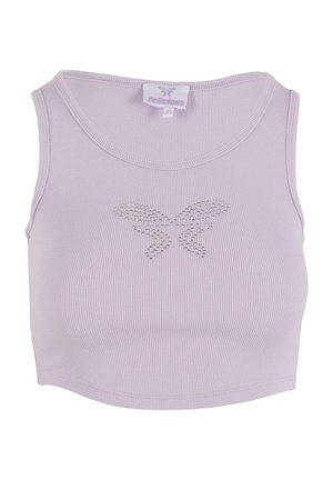 Lilac ribbed crop top made of stretchy fabric, featuring a crystal-studded butterfly motif at the center and a round neckline.
