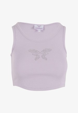 Lilla ribbet crop top laget av elastisk stoff, med et krystallbesatt sommerfugl-motiv i sentrum og rund utrigning.