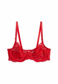 Ein roter Spitzen-BH mit UnterstÜtzung durch Bügel, transparenten Cups, verstellbaren Trägern und goldenen Akzentdetails an den Trägerverbindungen. Strukturiertes Spitze-Muster.
