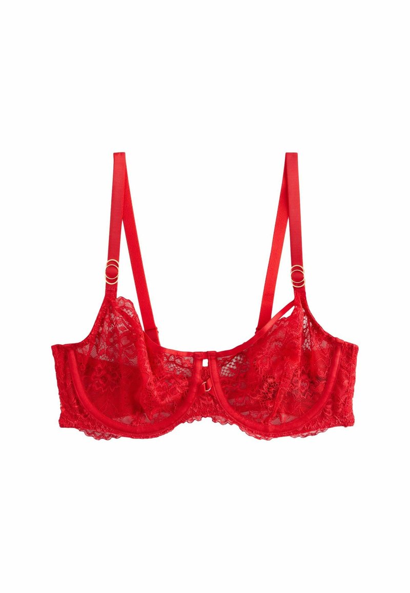Ein roter Spitzen-BH mit UnterstÜtzung durch Bügel, transparenten Cups, verstellbaren Trägern und goldenen Akzentdetails an den Trägerverbindungen. Strukturiertes Spitze-Muster.
