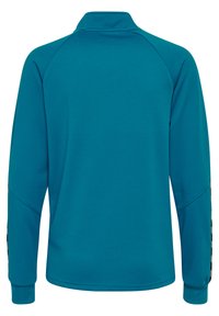 Teal lange mouwen sporttop van een gestructureerde stof, met een hoge kraag en contrasterende accenten op de mouwen. Raglanmouwen zorgen voor bewegingsvrijheid.