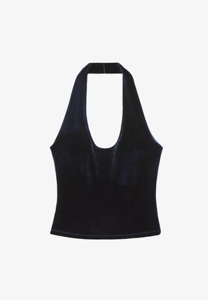 Czarny top na halter wykonany z gładkiej, miękkiej tkaniny. Posiada głęboki dekolt i dopasowany krój, bez ozdób czy wzorów.