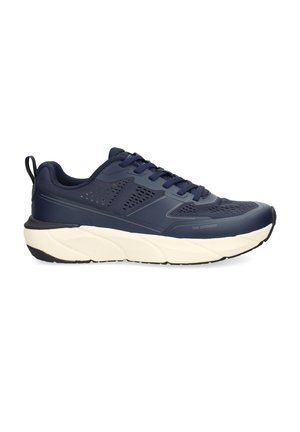Marineblauer Sportschuh mit atmungsaktivem Mesh, Schnürdesign, dicker weißer Sohle und dem Schriftzug "Toe Defender" an der Vorderseite.