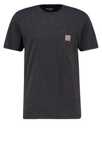 T-shirt Carhartt grigio scuro a maniche corte con collo rotondo e una piccola etichetta con logo sul taschino sinistro.