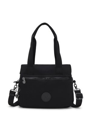 Sac d'épaule rectangulaire noir avec doubles poignées, poche zippée avant, bandoulière réglable et écusson rond avec logo de la marque.