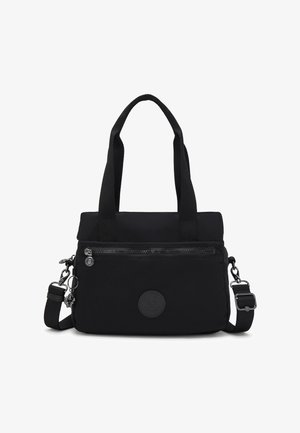 Schwarze rechteckige Schultertasche mit zwei Griffen, vorderer Reißverschlusstasche, verstellbarem Umhängegurt und rundem Markenlogo-Patch.