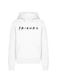 White hoodie with a front pocket, featuring the text "F.R.I.E.N.D.S" in black with colorful dots above the letters. Soft fabric texture.