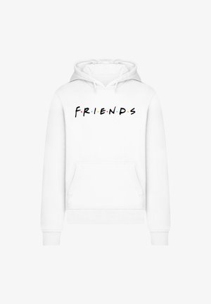 Weißer Hoodie mit einer vorderen Tasche, auf der der Text "F.R.I.E.N.D.S" in Schwarz und bunten Punkten über den Buchstaben zu sehen ist. Weicher Stoff.
