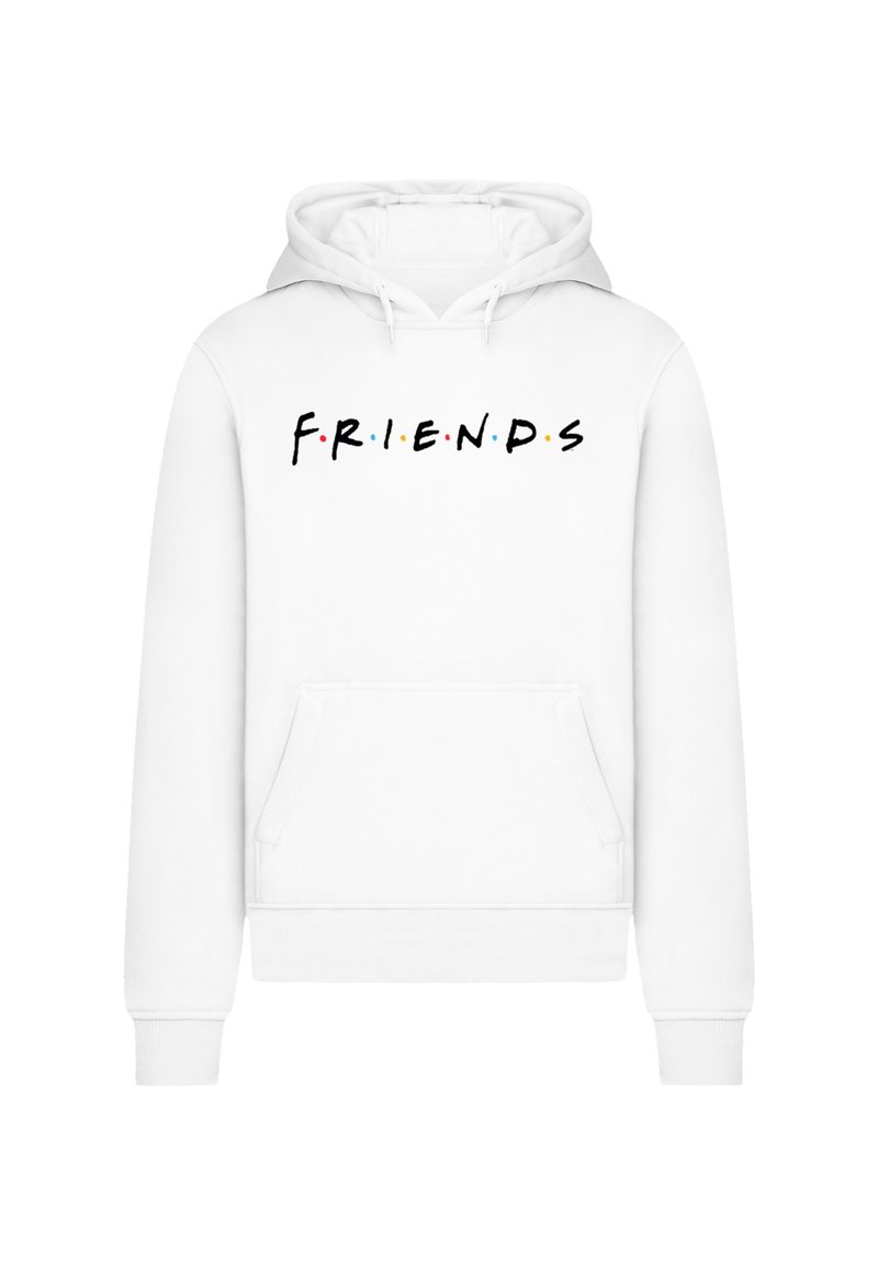 White hoodie with a front pocket, featuring the text "F.R.I.E.N.D.S" in black with colorful dots above the letters. Soft fabric texture.