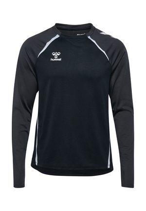 Czarna sportowa koszulka z długim rękawem z białym logo Hummel na piersi oraz białymi akcentami na ramionach i bokach.