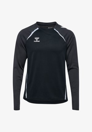 Zwarte sporttrui met lange mouwen met wit Hummel-logo op de borst en witte accenten langs de schouders en zijkanten.