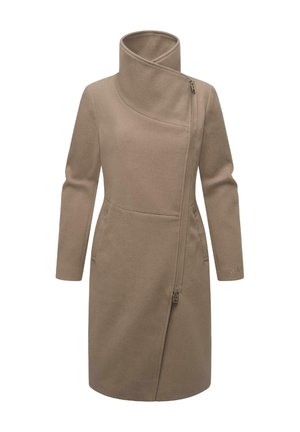 Beige wolmix jas met een hoge kraag, asymmetrische voorrits, twee zijzakken en lange mouwen. Glad textuur met minimale details.