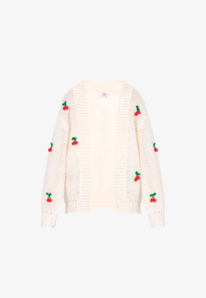 Cardigan en tricot de couleur crème avec une ouverture à l'avant, ornée de cerises rouges brodées et de feuilles vertes sur les manches. Texture épaisse, coupe décontractée.