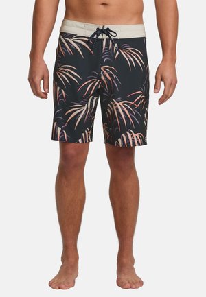 Herren-Badehosen mit schwarzem Hintergrund und einem bunten Palmblatt-Muster. Mit Zugbandbund in Beige; knielang.