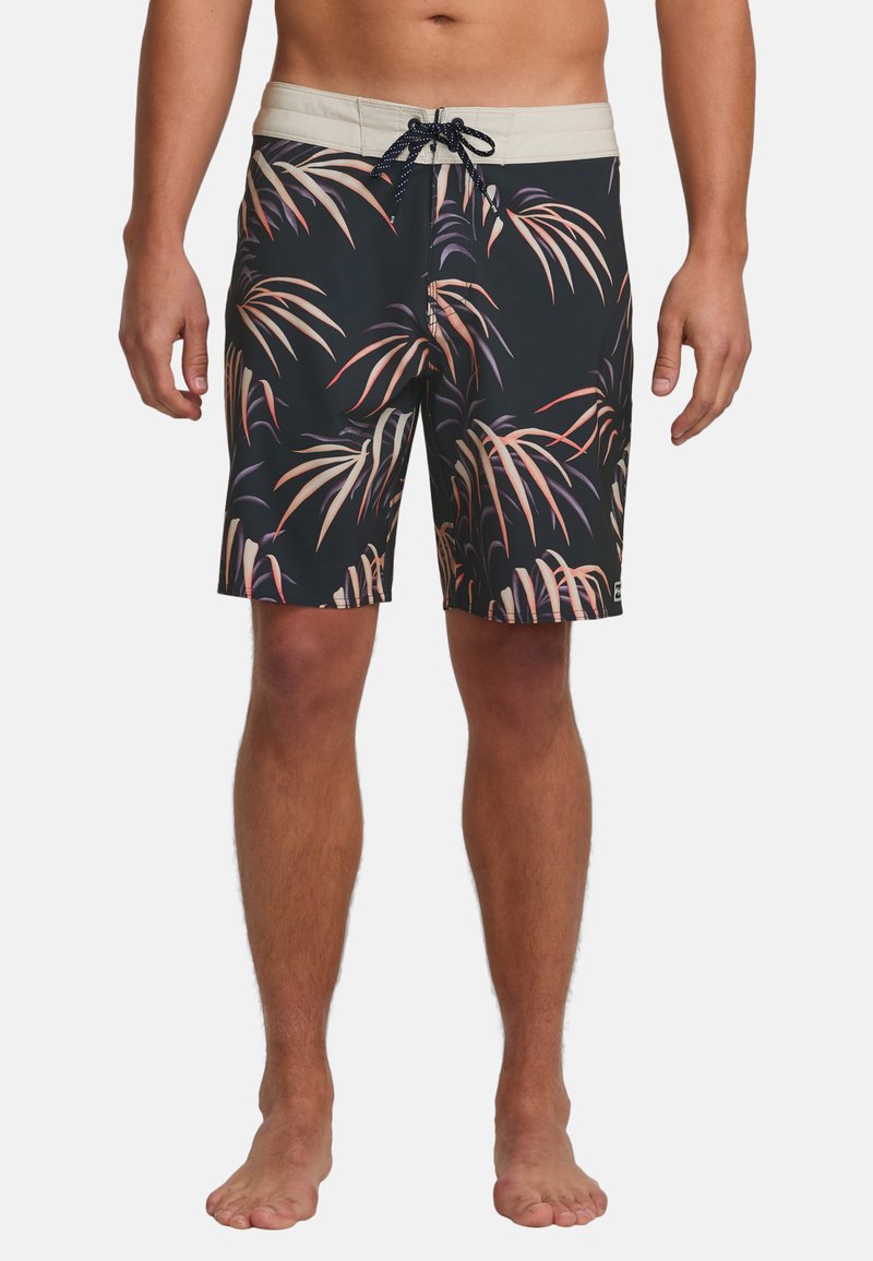 Herren-Badehosen mit schwarzem Hintergrund und einem bunten Palmblatt-Muster. Mit Zugbandbund in Beige; knielang.