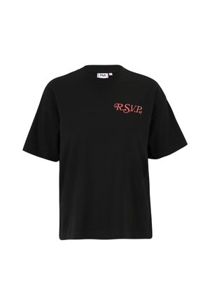 Czarna bawełniana koszulka z luźnym krojem, z krótkimi rękawami i okrągłym dekoltem. Na przodzie widnieje napis "R.S.V.P." w czerwonym kursywie.