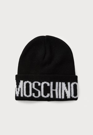 Must ruuduga kudumüts, millel on keergümps ja millel on sõna "MOSCHINO" julgelt valgetes tähtedes; sile tekstuur, elastne sobivus.