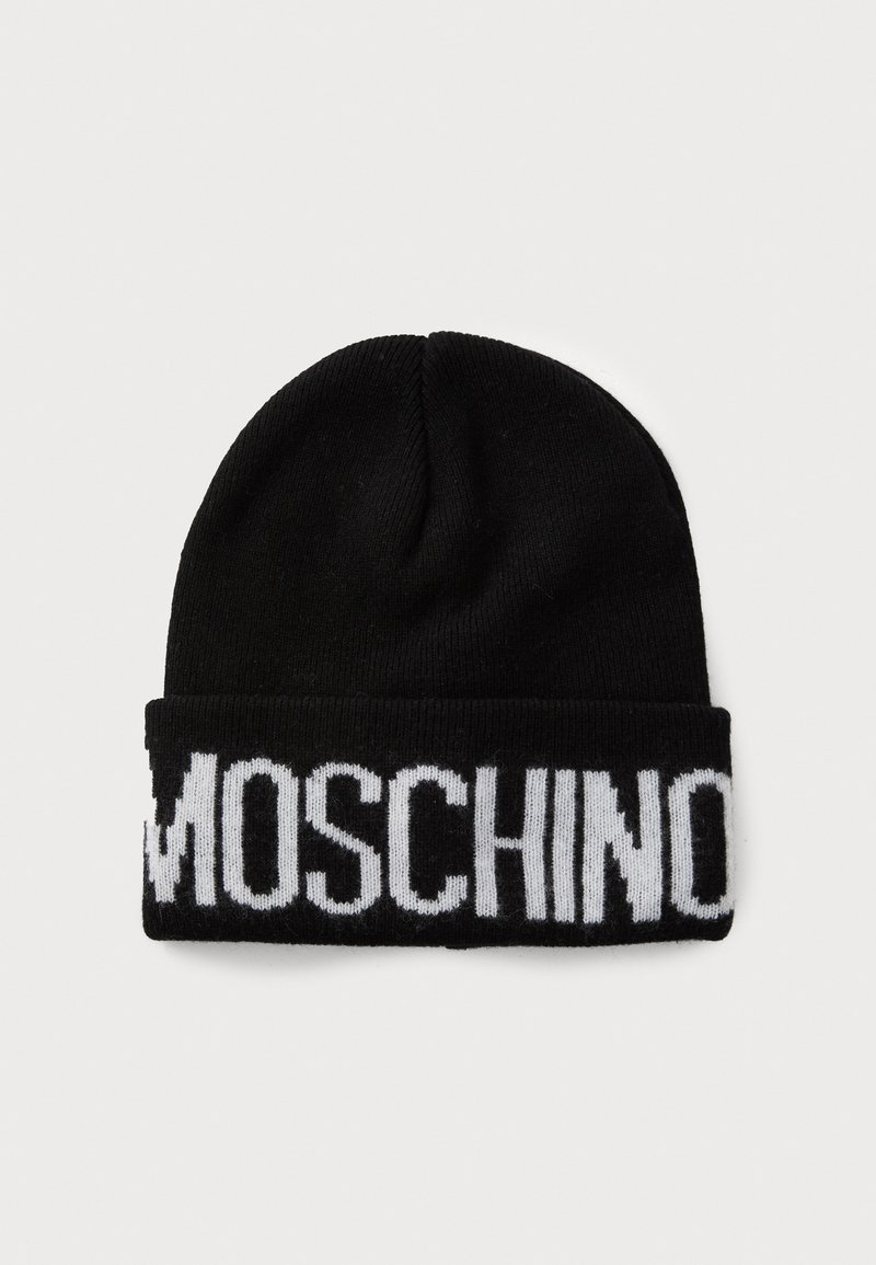 Must ruuduga kudumüts, millel on keergümps ja millel on sõna "MOSCHINO" julgelt valgetes tähtedes; sile tekstuur, elastne sobivus.