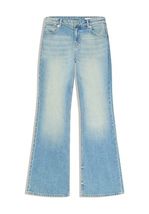 Svetlo modre jeans hlače iz denima z razširjenim krojem, srednje višine pasu, z zasnovo s petimi žepi in nežnim bledenjem na nogah.