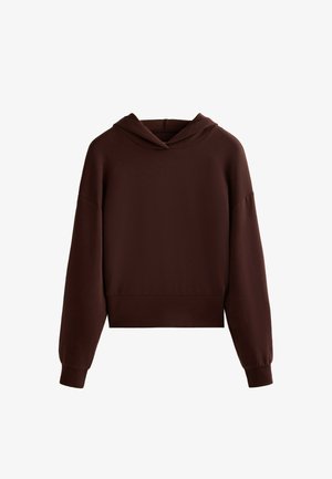 Brun hoodie lavet af glat stof, med en afslappet pasform, sænket skuldre og en dyb hætte. Ribbet detalje ved ærmerne og kanten.