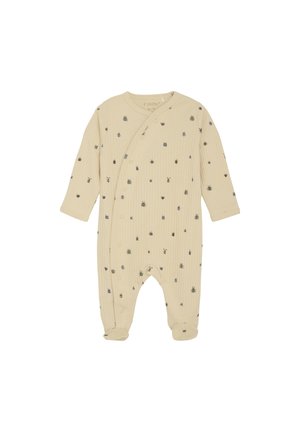 Beige Babykombination aus Rippstoff, mit kleinen, bunten Insektenmustern, langen Ärmeln, Druckknopfverschluss und Fußdesign.