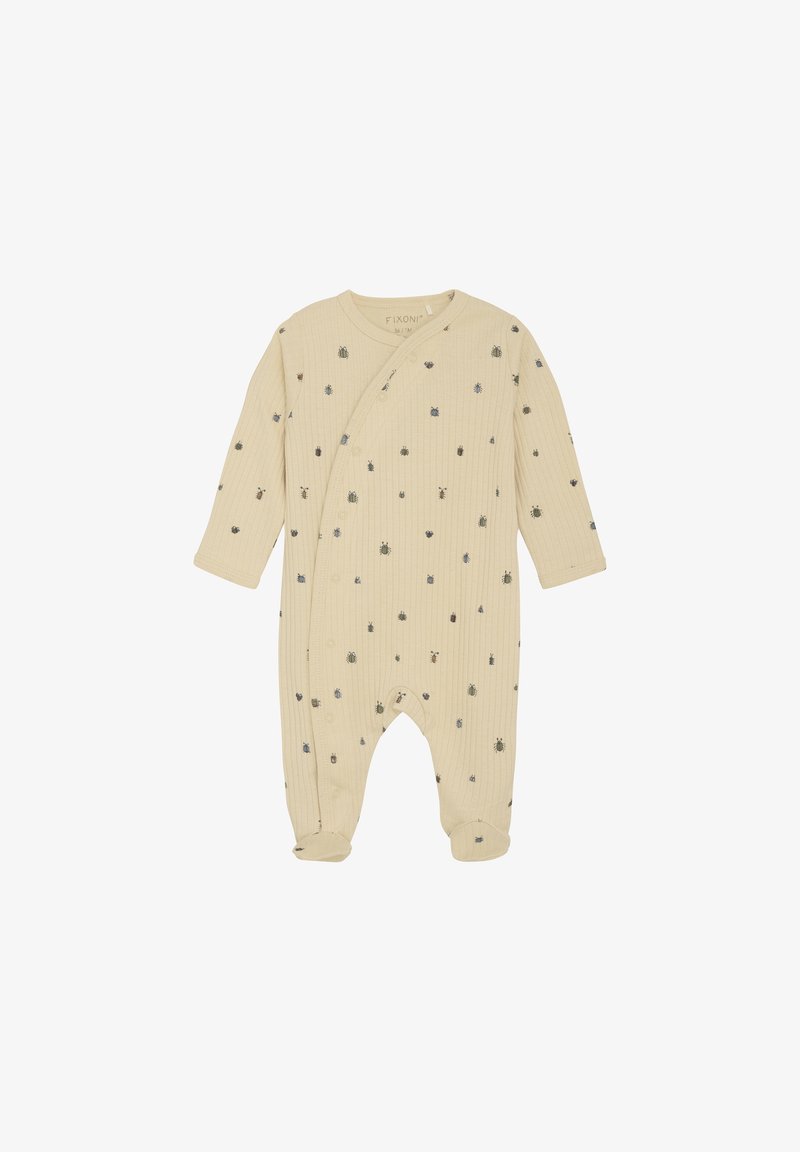 Beige Babykombination aus Rippstoff, mit kleinen, bunten Insektenmustern, langen Ärmeln, Druckknopfverschluss und Fußdesign.