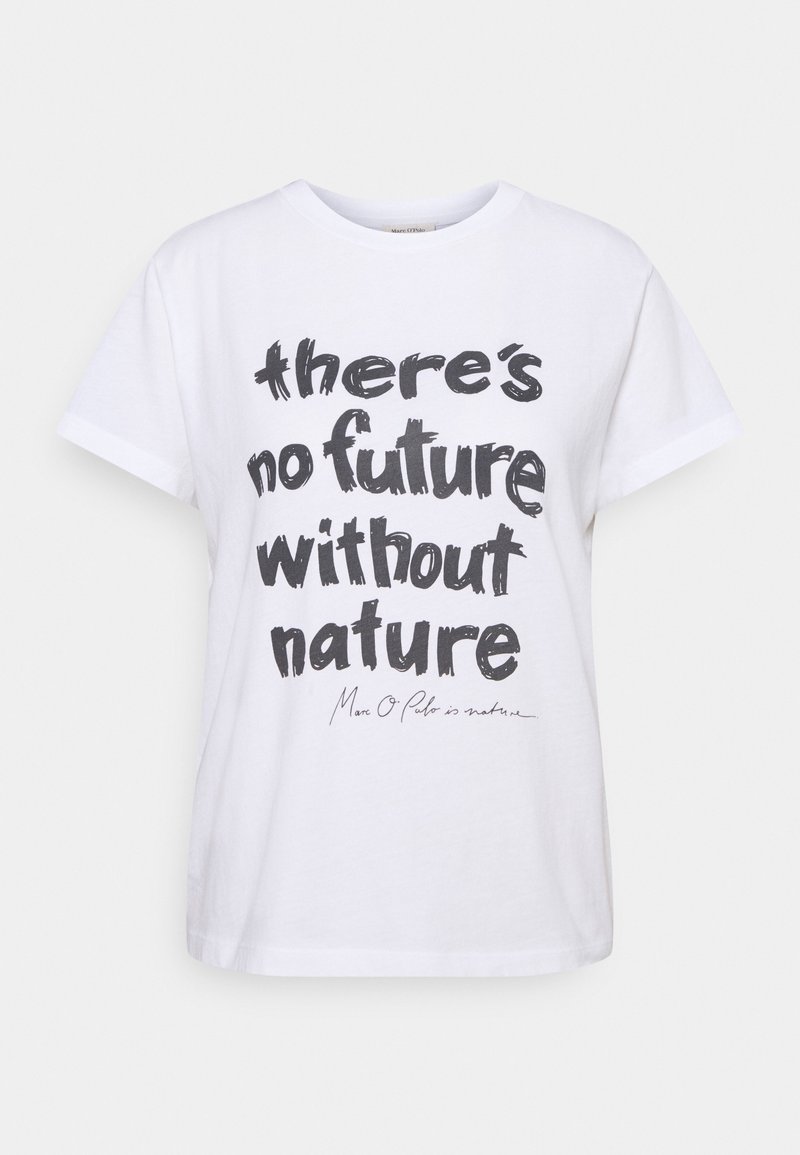 White cotton t-shirt with short sleeves featuring bold black text reading "there's no future without nature" and a small signature detail.